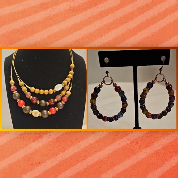 Multicolor Wooden Bead Necklace and Earring Set - Picture 1 of 5